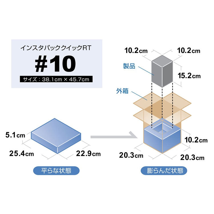 インスタパッククイックRT #10の寸法図、平らな状態25.4×22.9cmと膨らんだ状態20.3×20.3cm
