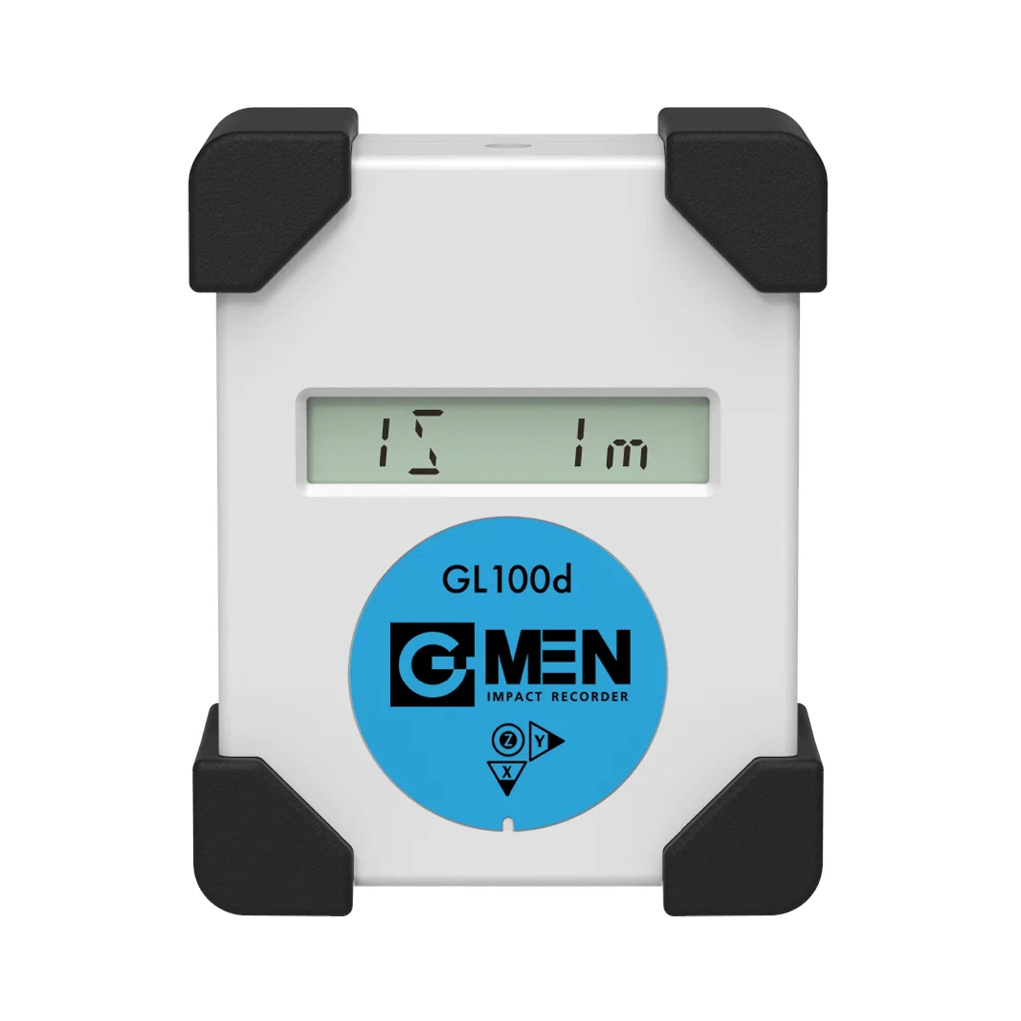 G-MEN GL100d 輸送振動データロガー 白い本体に青いラベルと黒い四隅プロテクタ
