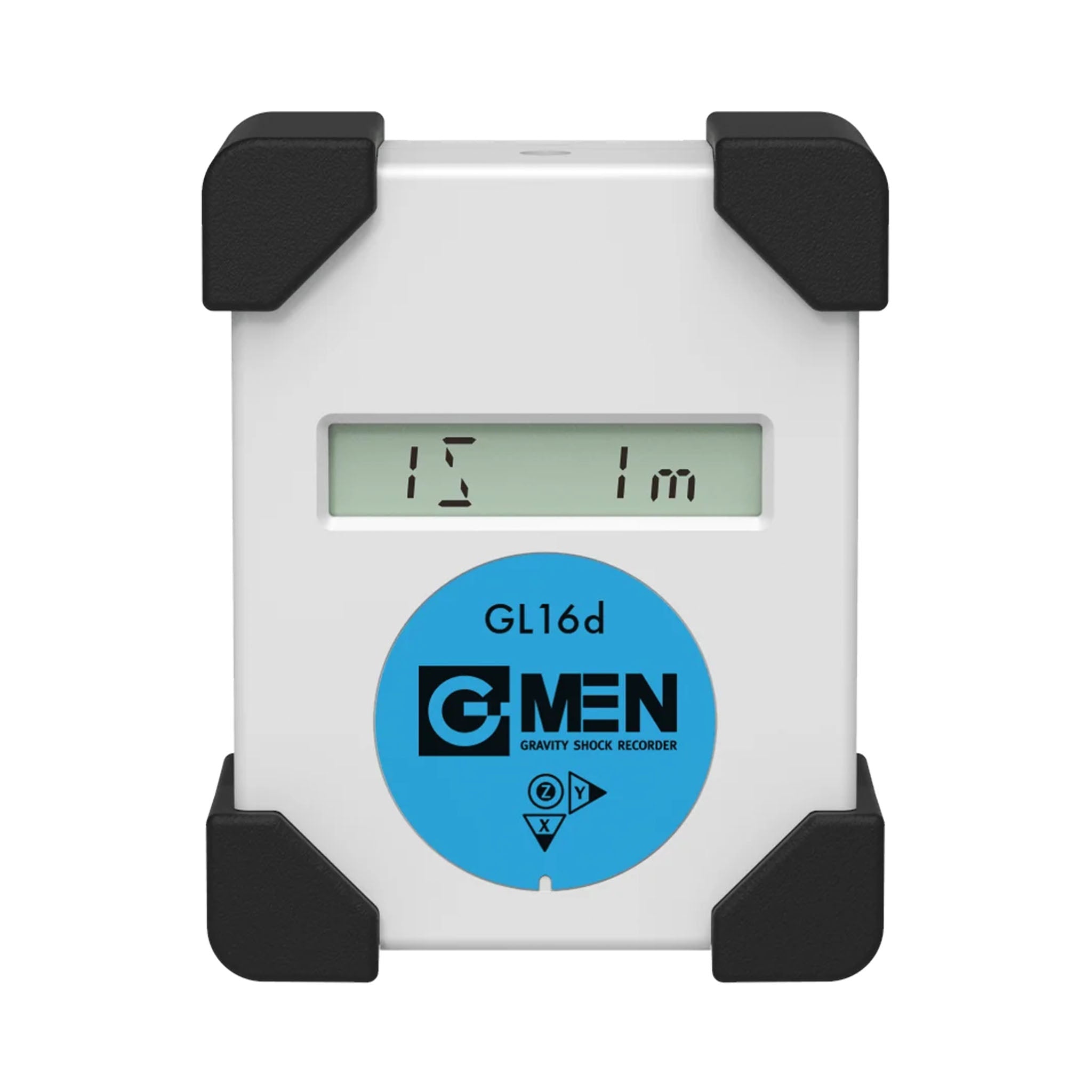 G-MEN GL16d 輸送振動データロガー 白い本体に青いラベルと液晶表示