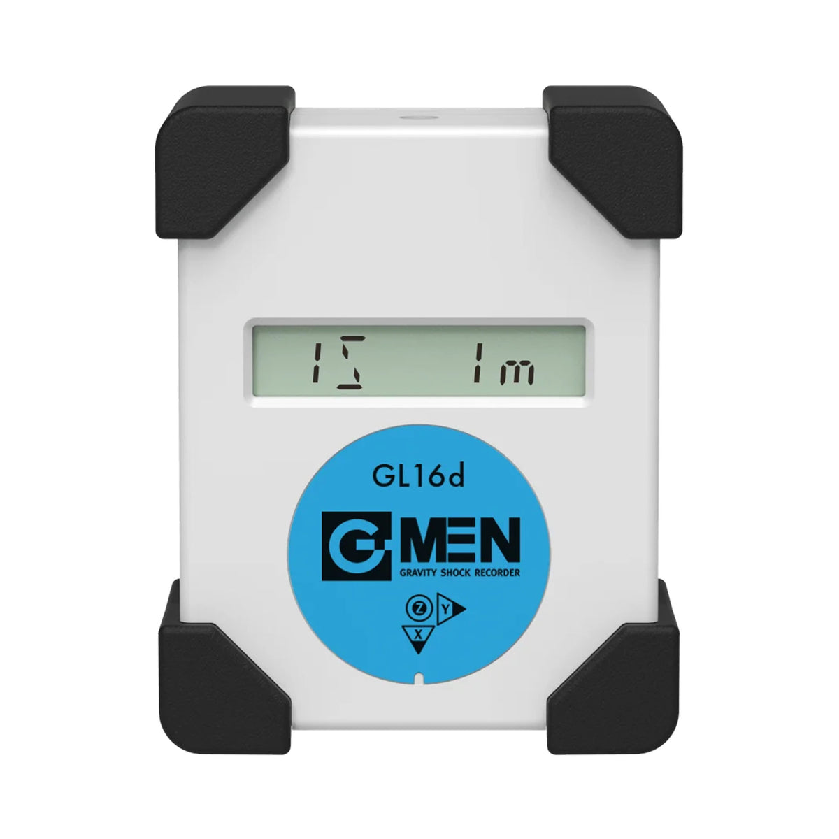 G-MEN GL16d 輸送振動データロガー 白い本体に青いラベルと液晶表示