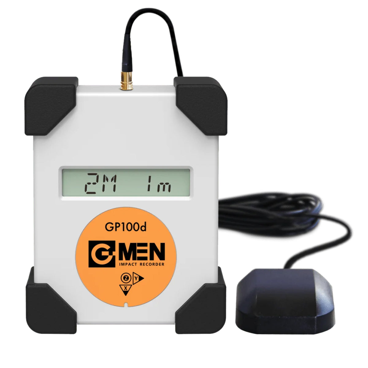 G-MEN GP100d 輸送振動データロガー 白い本体とGPSアンテナ付きケーブル