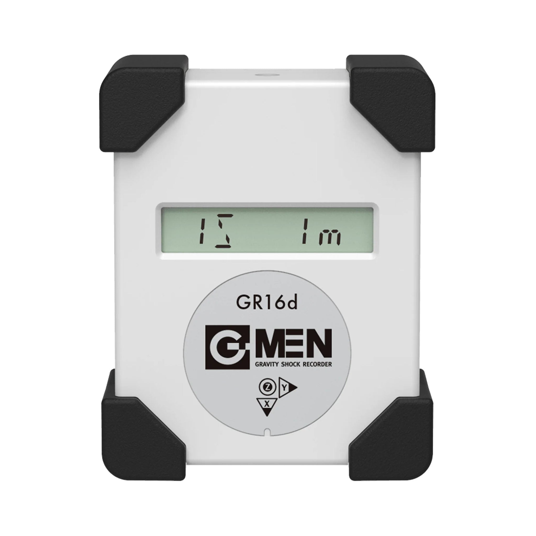 G-MEN GR16d 輸送振動データロガー 白い本体にグレーのラベルと液晶表示