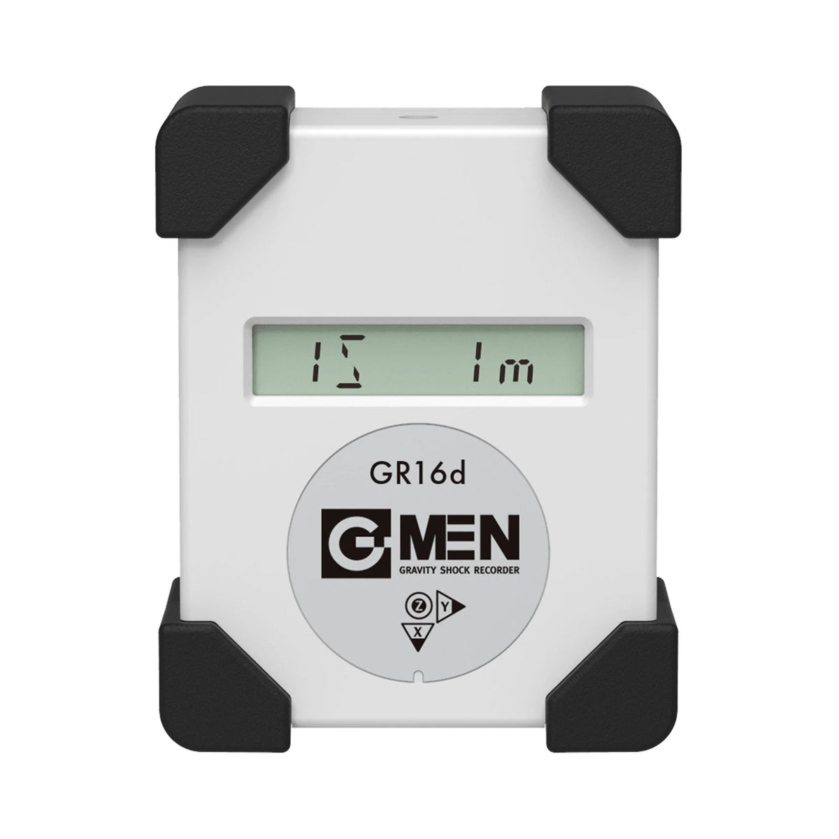 G-MEN GR16d 輸送振動データロガー 白い本体にグレーのラベルと液晶表示